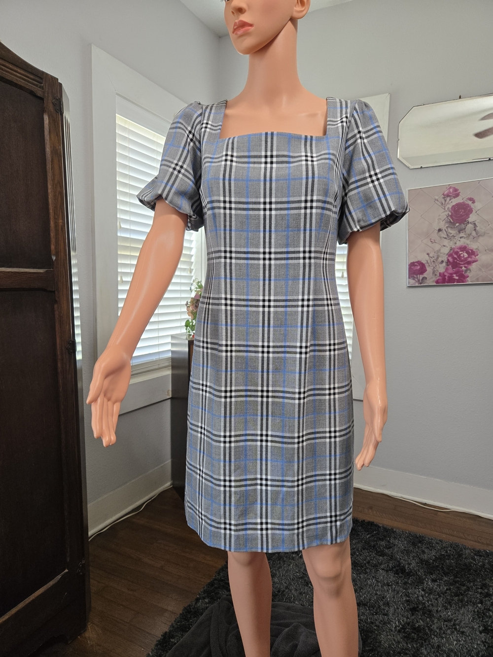 DKNY Gray and Blue Plaid Square-Neck Midi Dress